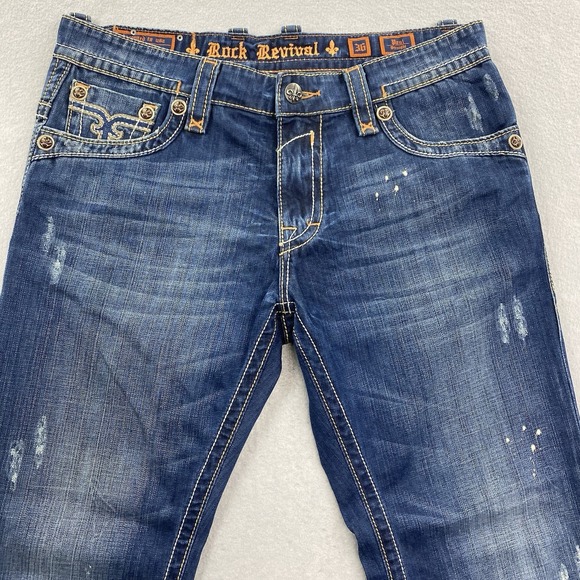 Rock Revival Jeans Mens 36 Blue Denim Pant Paul Straight Flap Pockets Distressed - Picture 2 of 16